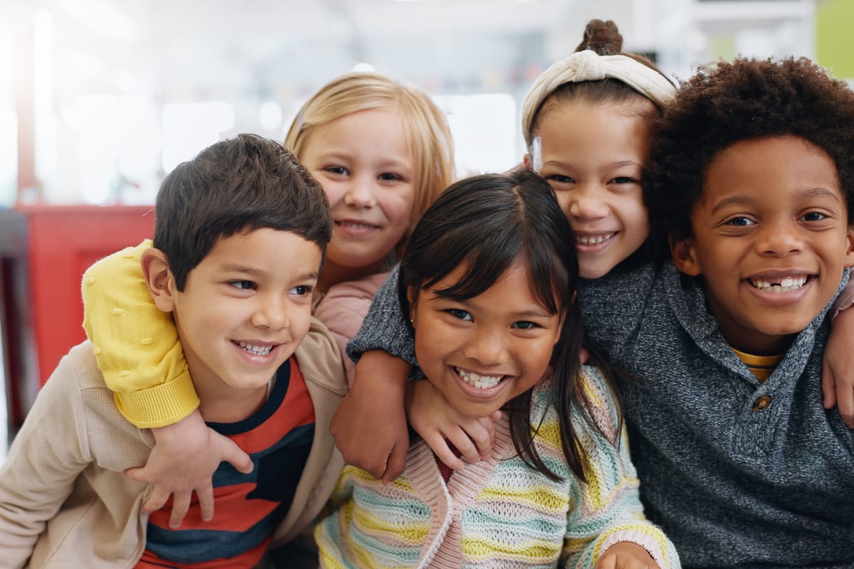 Science, portrait and group of kids with smile at convention, expo or exhibition with happiness. Student, children or face with smile at tradeshow or scientific conference for knowledge and education